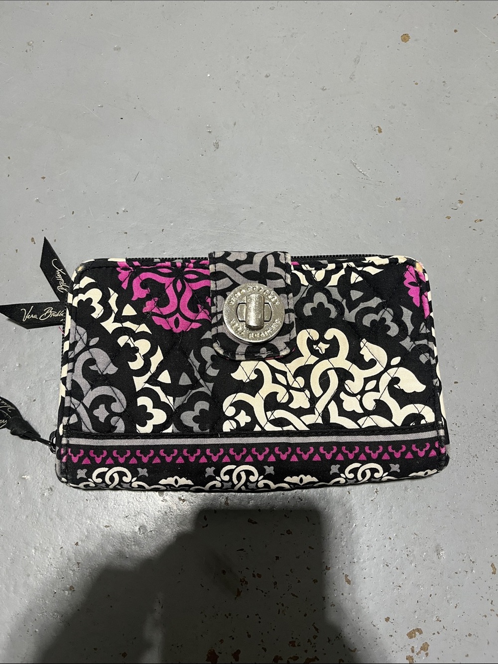 Vera Bradley Black White and Pink Damask Quilted Wallet with Turn-Lock